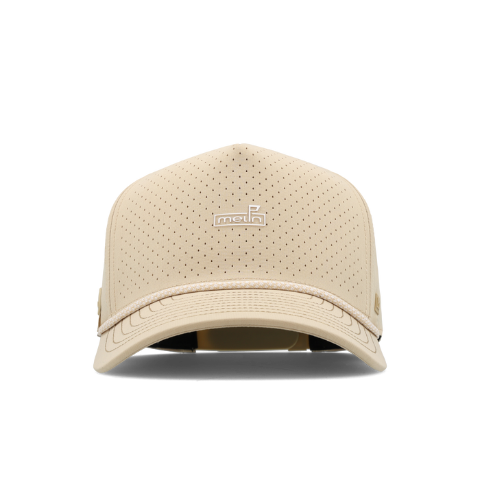 The frontal view of the melin Split Fit Odysea Rope Links Hydro hat in khaki