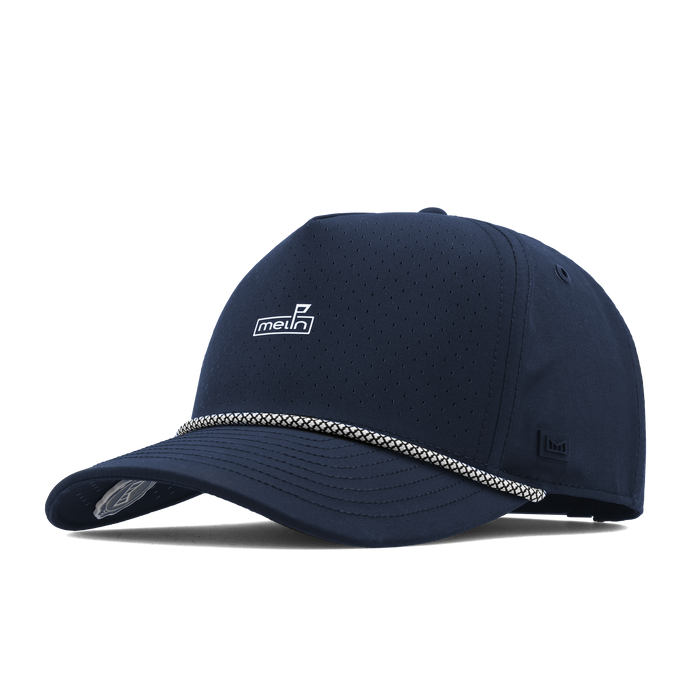 The angled view of the melin Split Fit Odysea Rope Links Hydro hat in navy