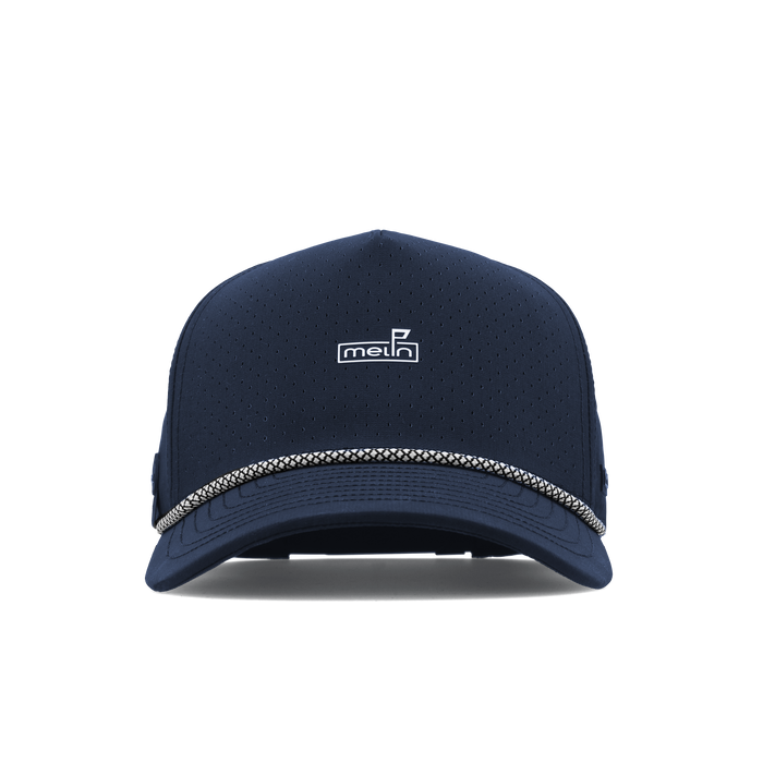 The frontal view of the melin Split Fit Odysea Rope Links Hydro hat in navy