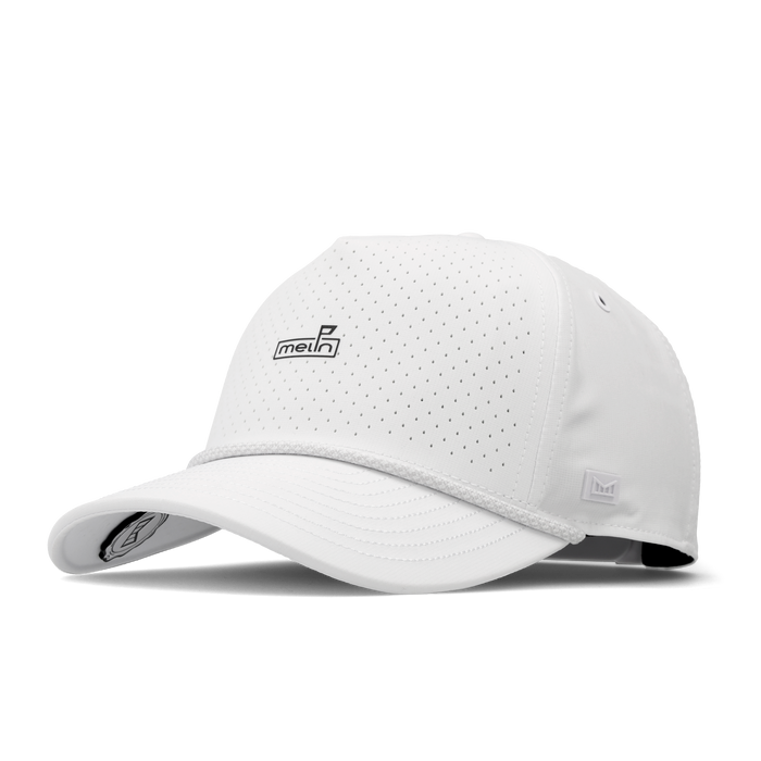 The angled view of the melin Split Fit Odysea Rope Links Hydro hat in white