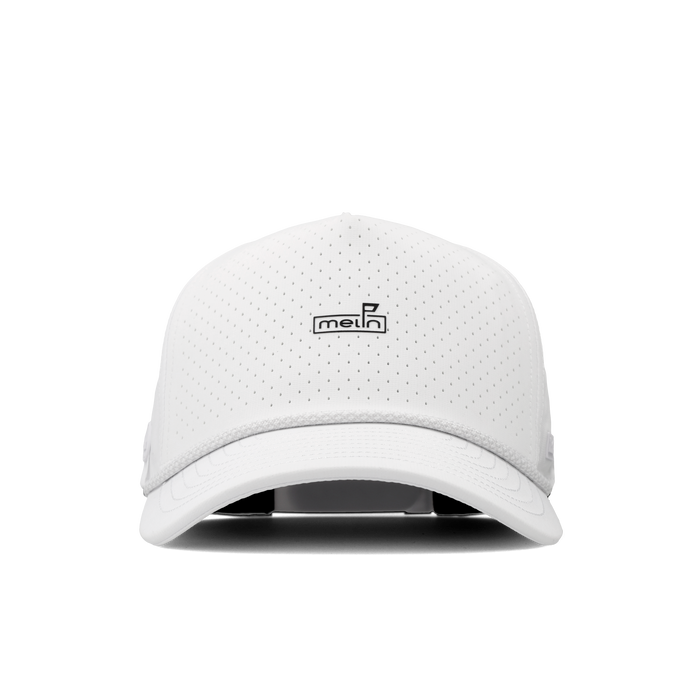 The frontal view of the melin Split Fit Odysea Rope Links Hydro hat in white
