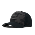 The angled view of the Melin Split Fit Odysea Stacked Hydro hat in black camo