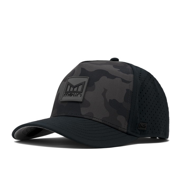 The angled view of the Melin Split Fit Odysea Stacked Hydro hat in black camo