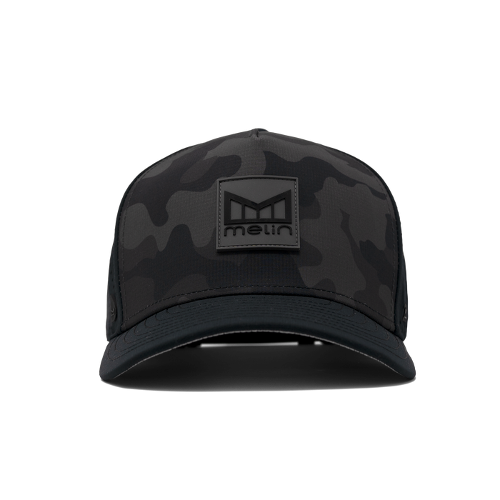 The front view of the Melin Split Fit Odysea Stacked Hydro hat in black camo