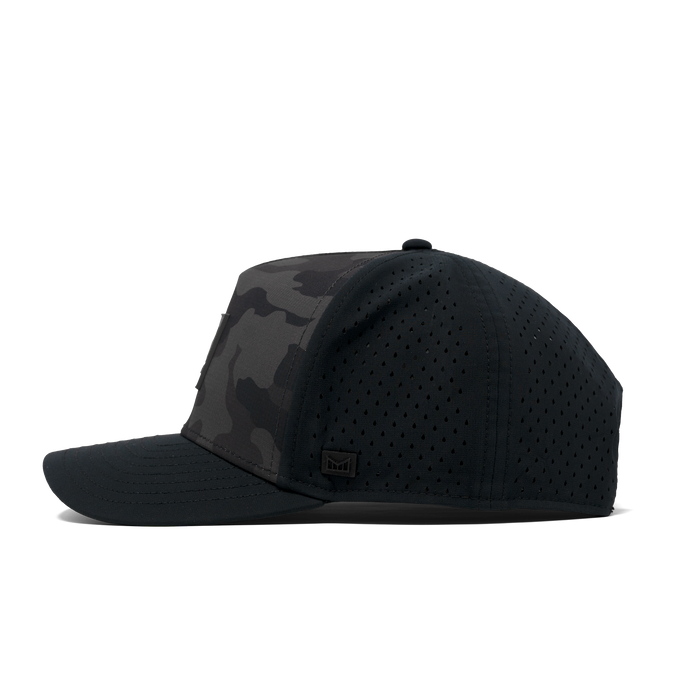 The side view of the Melin Split Fit Odysea Stacked Hydro hat in black camo