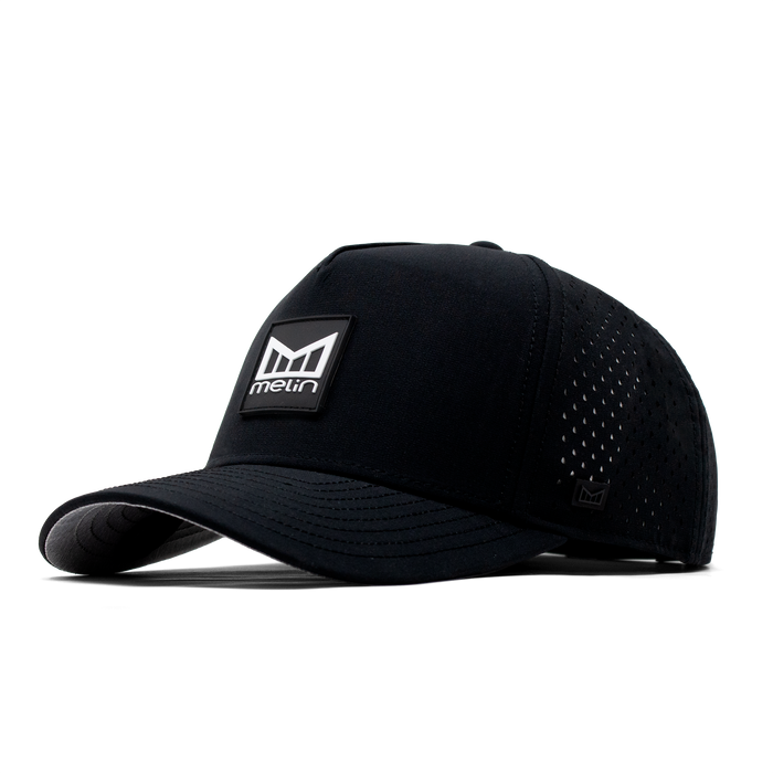 The angled view of the Melin Split Fit Odysea Stacked Hydro hat in black