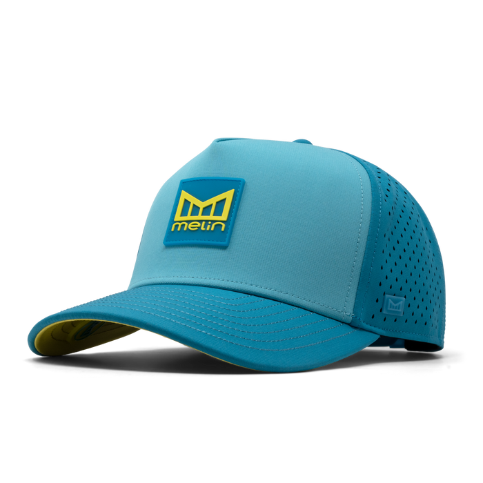The front, angled view of the melin Odysea Stacked Hydro  Split Fit in  Blue Lagoon