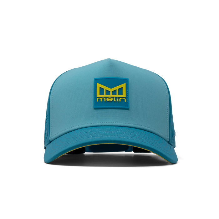 The front view of the melin Odysea Stacked Hydro  Split Fit in  Blue Lagoon