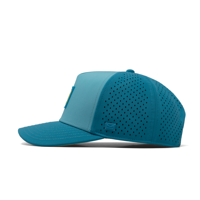 The side view of the melin Odysea Stacked Hydro  Split Fit in  Blue Lagoon