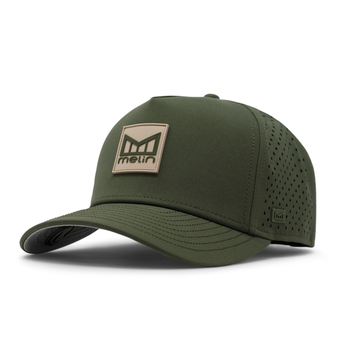 The front, angled view of the melin Odysea Stacked Hydro  Split Fit in  Canopy / Khaki