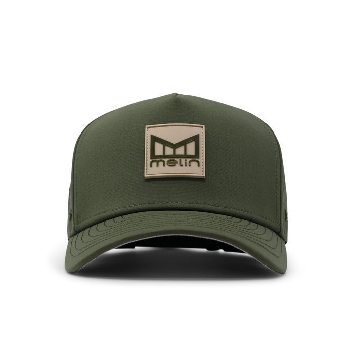 The front view of the melin Odysea Stacked Hydro  Split Fit in  Canopy / Khaki
