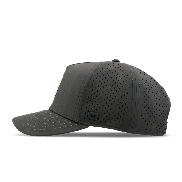 The side view of the melin Split Fit Odysea Stacked Hydro hat in faded black