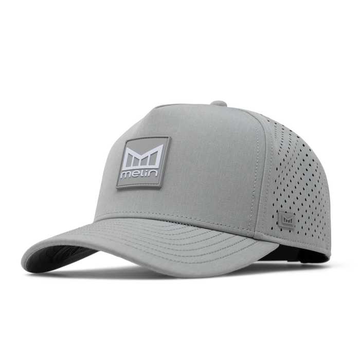 The front, angled view of the melin Odysea Stacked Hydro  Split Fit in  Heather Grey