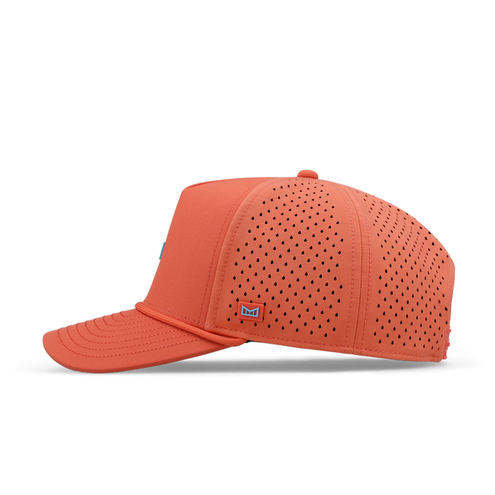 Hot coral baseball cap with perforated panels and curved bill, featuring small brand logo on crown.