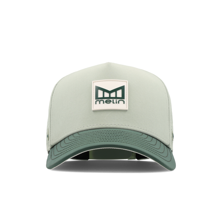 The front view of the Melin Split Fit Odysea Stacked Hydro hat in misty trails