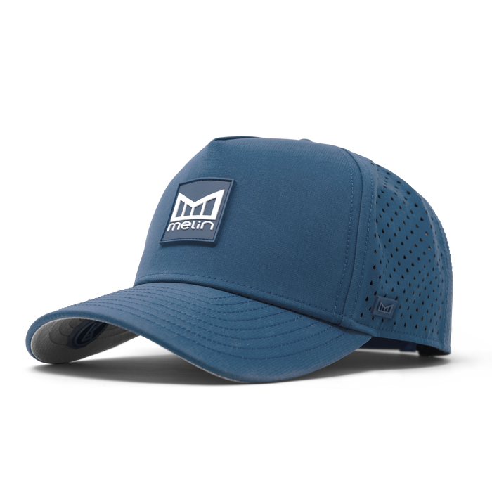 The front, angled view of the melin Odysea Stacked Hydro  Split Fit in  Steel Blue