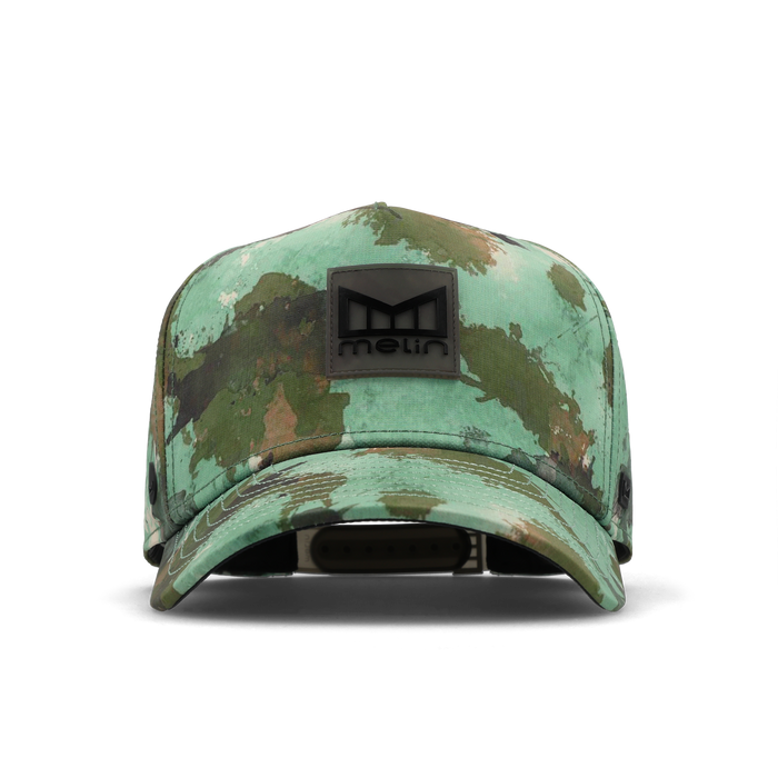 The frontal view of the melin Split Fit Odysea Stacked Hydro hat in watercolor camo