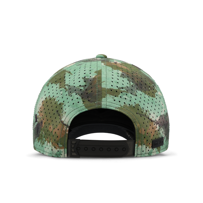 The back view of the melin Split Fit Odysea Stacked Hydro hat in watercolor camo