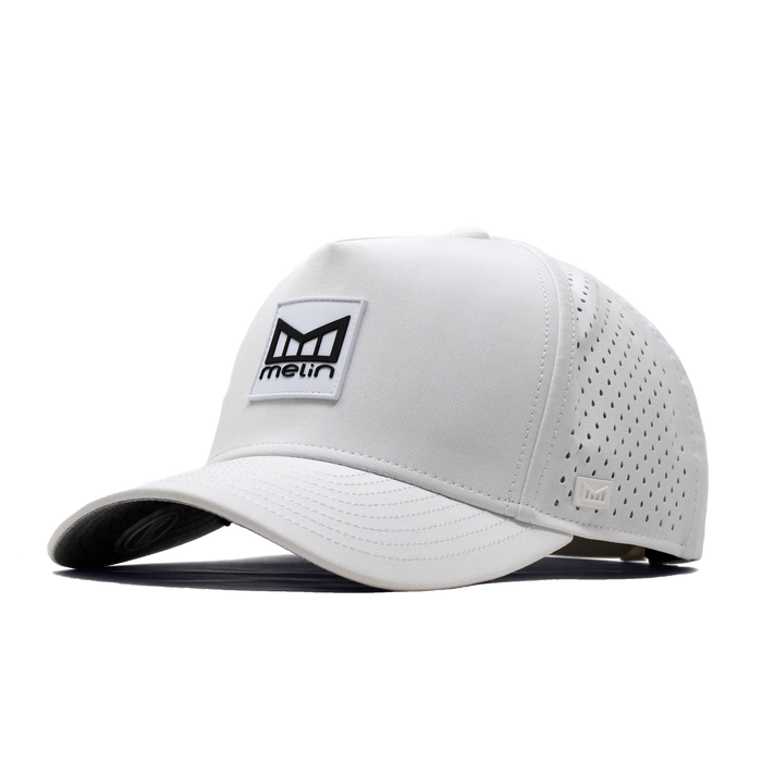 The angled view of the Melin Split Fit Odysea Stacked Hydro hat in white