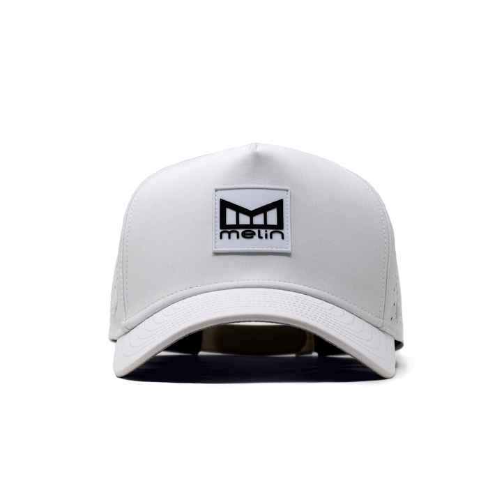 The angled view of the Melin Split Fit Odysea Stacked Hydro hat in white