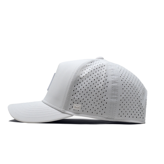The angled view of the Melin Split Fit Odysea Stacked Hydro hat in white