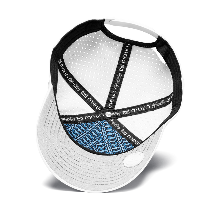 The angled view of the Melin Split Fit Odysea Stacked Hydro hat in white