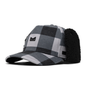 Black and white plaid thermal cap with attached black fleece ear warmers and small brand logo patch.