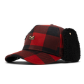 Red and black buffalo plaid baseball cap with black fleece ear flaps and gold metal logo badge.