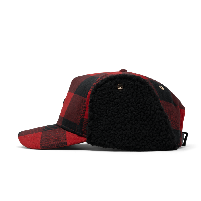 Red and black plaid baseball cap with black fleece lining and ear flaps.