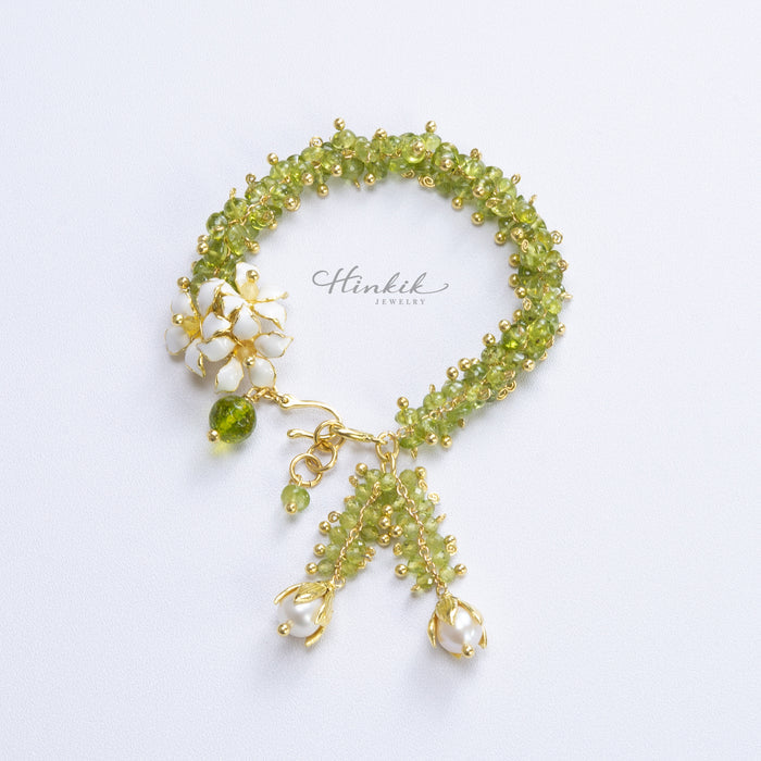 Orange Jasmine Flower Bracelet with Peridot and Pearl Tassels - Handmade by Hinkik Jewelry