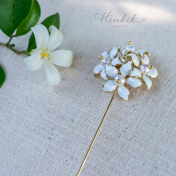 Orange Jasmine Flower Pin | White Enamel &amp; Real Pearl Lapel Pin by Hinkik Jewelry