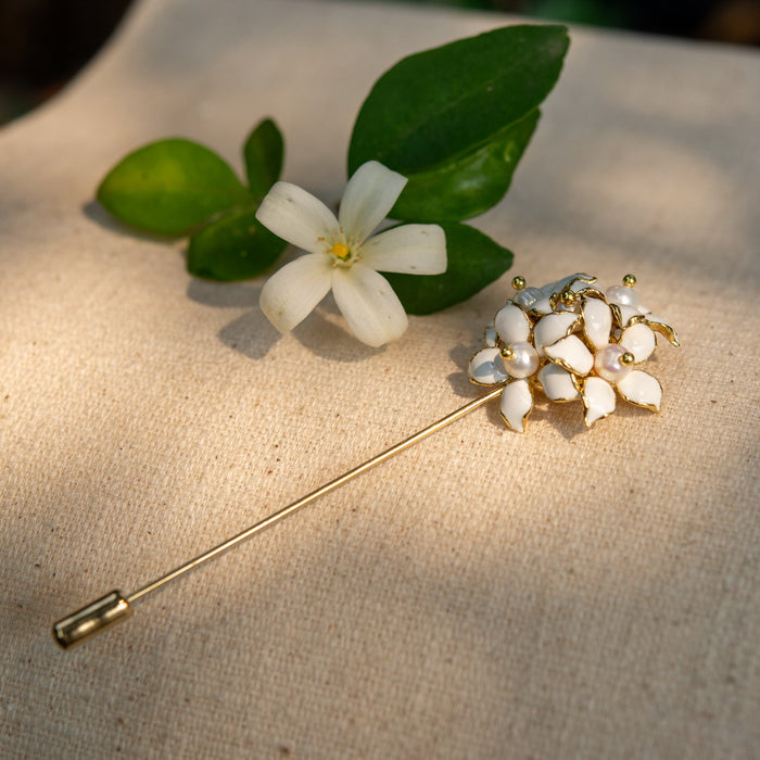 Orange Jasmine Flower Pin | White Enamel &amp; Real Pearl Lapel Pin by Hinkik Jewelry