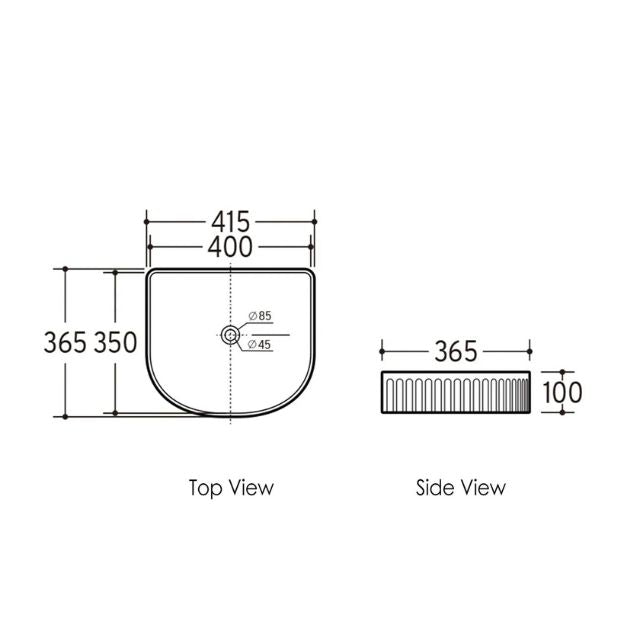 Technical Drawing Otti Archie 415mm Fluted Above Counter Basin - Matte White OT4136CMW - The Blue Space