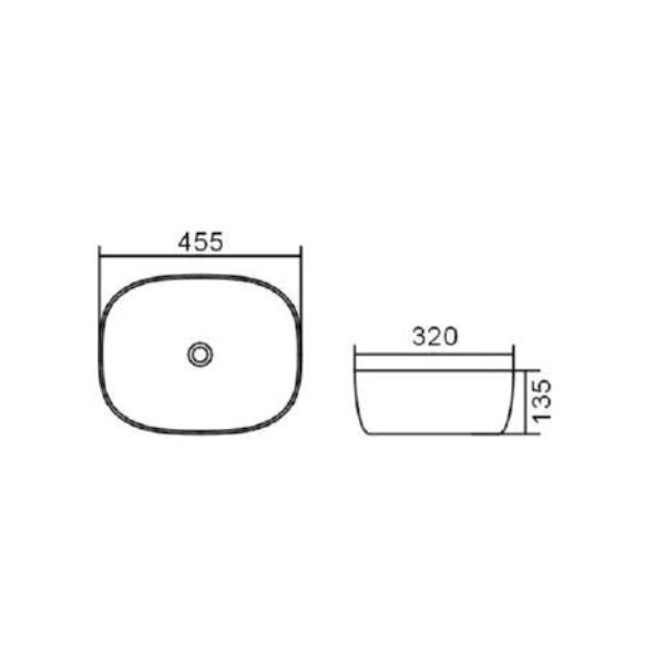 Technical Drawing Otti Artis O'96 455mm Oval Above Counter Basin - Matte White IS4096MW - The Blue Space