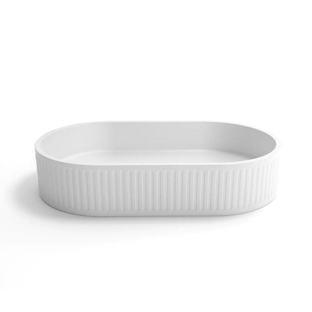 Front View Otti Hudson 600mm Fluted Oval Above Counter Basin - White OT6035CONW - The Blue Space