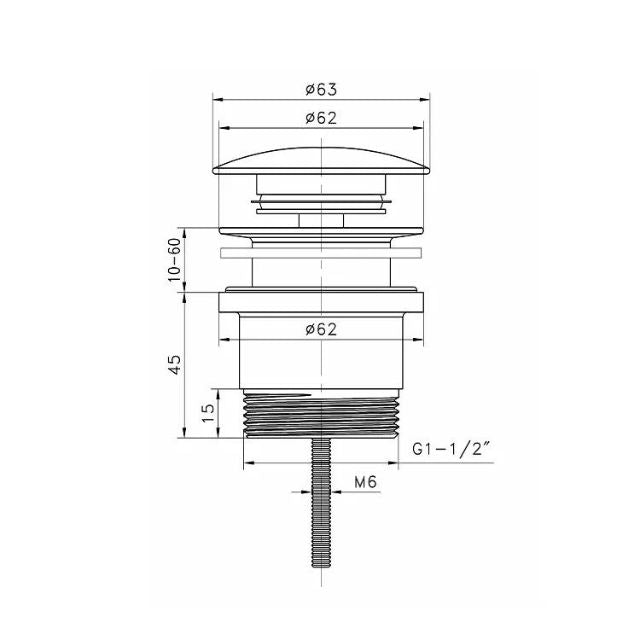 Technical Drawing Otti Universal Mushroom 32mm Pop Up Waste - Brushed Gold M43BG - The Blue Space