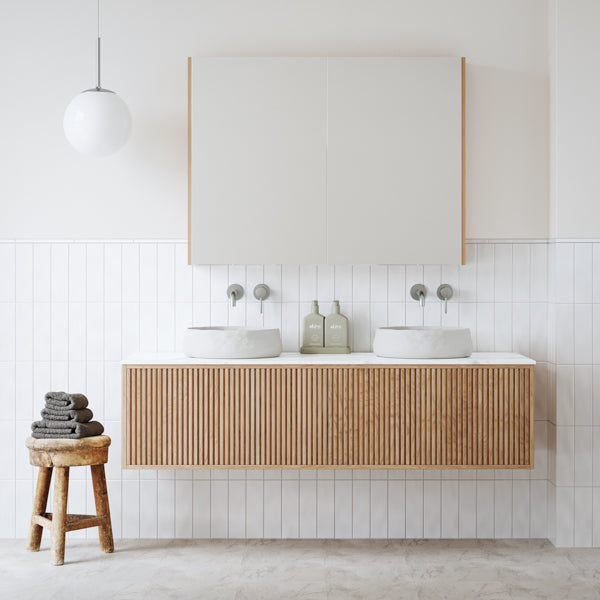 Paradise Stone Matt Rectified Ceramic Tile 300x300mm with Ingrain Grooved Wall Hung Vanity  - The Blue Space
