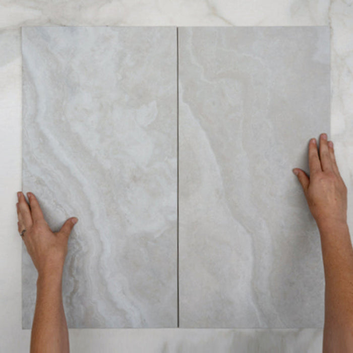 Double WIth Hand Pearl Ivy Vein Cut Travertine Look Tile Tech Grip 300 x 600 x 10mm Porcelain  - The Blue Space