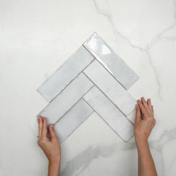 Fishbone With Hand Pearl White Leon Spanish Subway Tile Gloss 69 x 240mm Ceramic  - The Blue Space