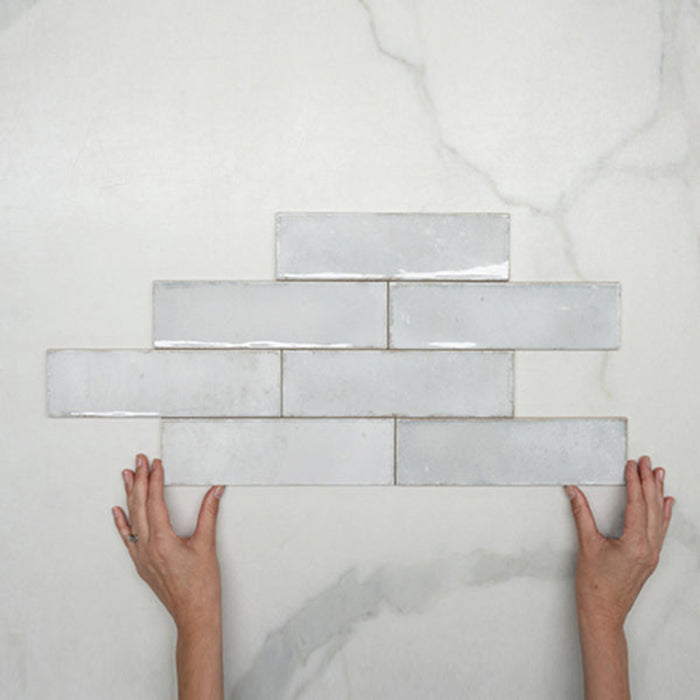 Pattern With Hand Pearl White Leon Spanish Subway Tile Gloss 69 x 240mm Ceramic  - The Blue Space