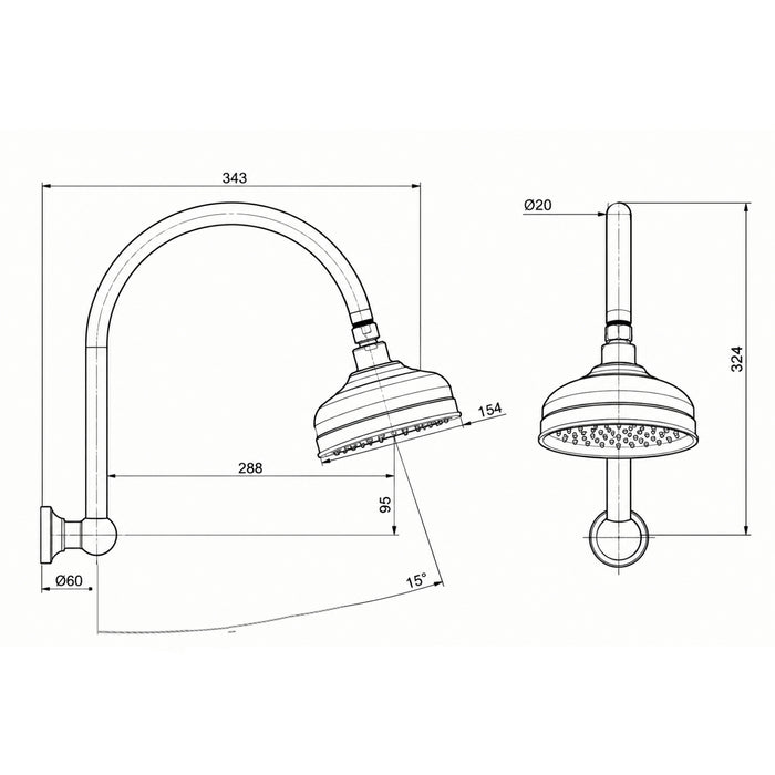 Line Drawing Phoenix Cromford Shower Arm and Rose Chrome 134-5300-00 - The Blue Space