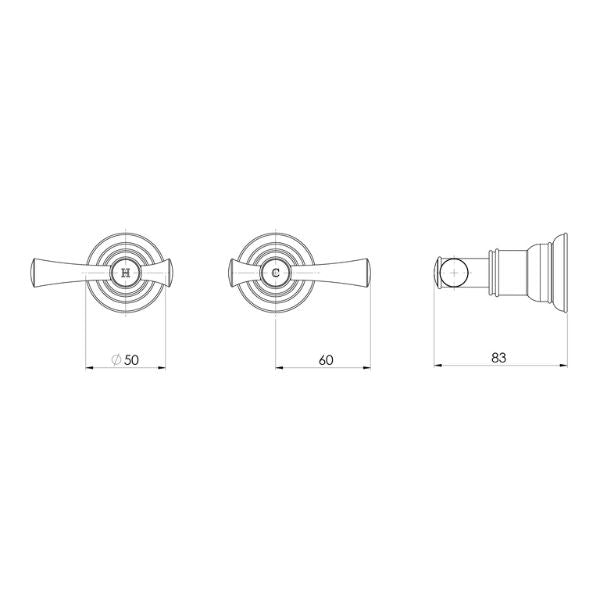 Technical Drawing; Phoenix Cromford Wall Top Assemblies 15mm Extended Spindles