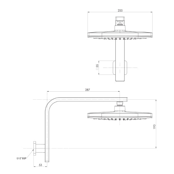Technical Drawing: Phoenix Nuage Hi Rise Shower Arm & Rose Chrome