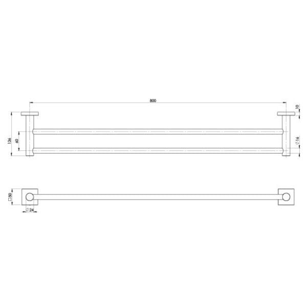 Phoenix Radii Square Plate Double Towel Rail RS812-31 800mm Brushed Carbon - Technical Drawing