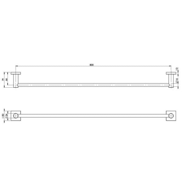 Phoenix Radii Square Plate Single Towel Rail 800mm - RS803-31 - Brushed Carbon  - Technical Drawing