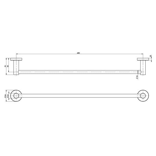 Phoenix Radii Stainless Steel Single Towel Rail Round Plate Technical Drawing - The Blue Space