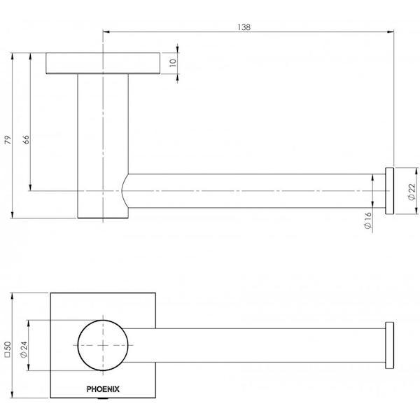 Phoenix Radii Toilet Roll Holder Square Plate Brushed Nickel Technical Drawing - The Blue Space