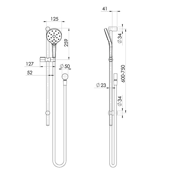 Phoenix Tapware Ormond Rail Shower Technical Drawing - The Blue Space
