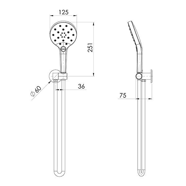 Phoenix Tapware Oxley Hand Shower Technical Drawing - The Blue Space
