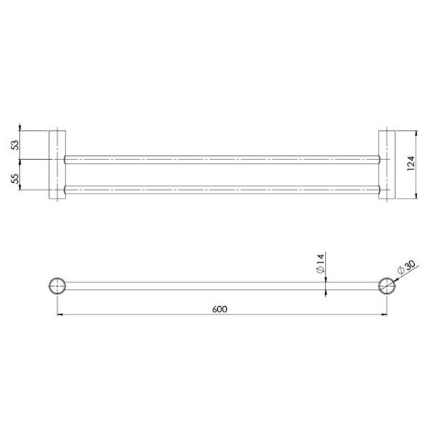 Phoenix Vivid Slimline Double Towel Rail 600mm Technical Drawing - The Blue Space